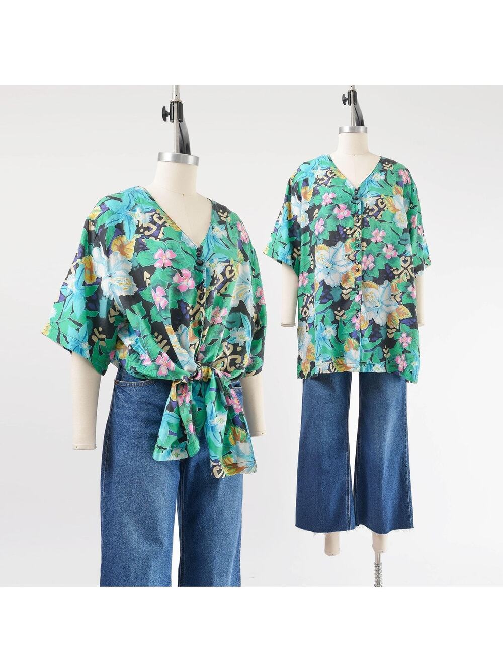 Vintage 90s Silk Floral Tropical Shirt Oversized Button Front Blouse Top 1X XXL